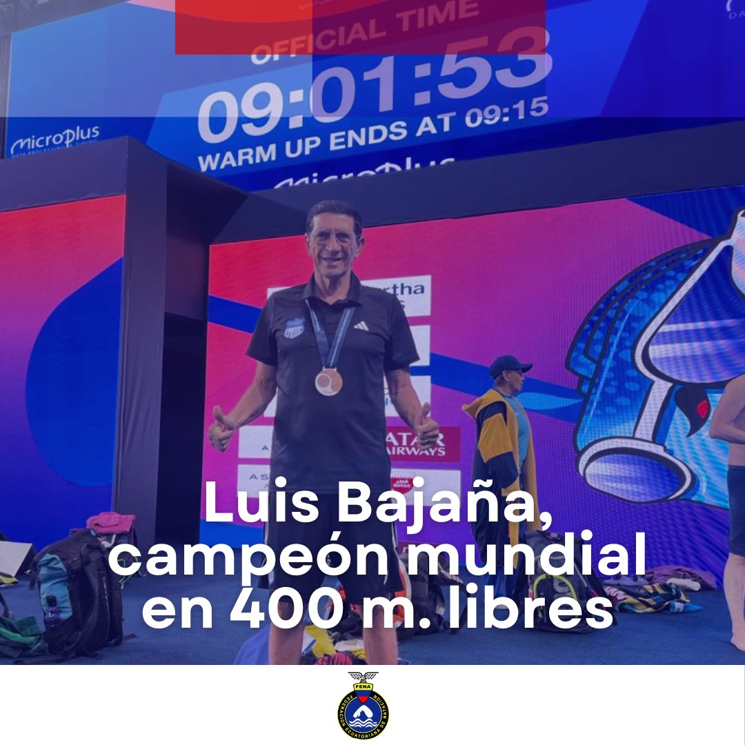Luis Bajaña se coronó campeón mundial en 400 m. libres, categoría 70-74 años, en el Campeonato Mundial de Natación Master, en Doha Catar, este miércoles 28 de febrero. 

Bajaña hizo un tiempo de 5 minutos, 24 segundos y 82 centésimas lo que significa un nuevo récord sudamericano