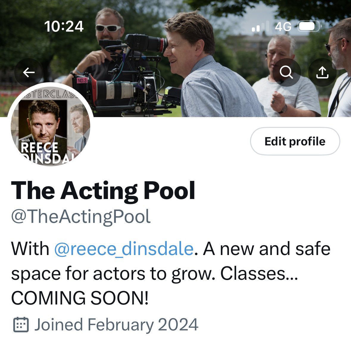 Reece Dinsdale 👀 (@reece_dinsdale) on Twitter photo For all you actors out there (and anyone else whose fancy is tickled)!
As promised, a new and safe space for us to grow and learn.
<a href="/TheActingPool/">The Acting Pool</a>
Classes coming soon. Keep ‘em peeled!
Give us a follow and a RT… if it’s up your street.
Thank you. x For all you actors out there (and anyone else whose fancy is tickled)!
As promised, a new and safe space for us to grow and learn.
<a href="/TheActingPool/">The Acting Pool</a>
Classes coming soon. Keep ‘em peeled!
Give us a follow and a RT… if it’s up your street.
Thank you. x