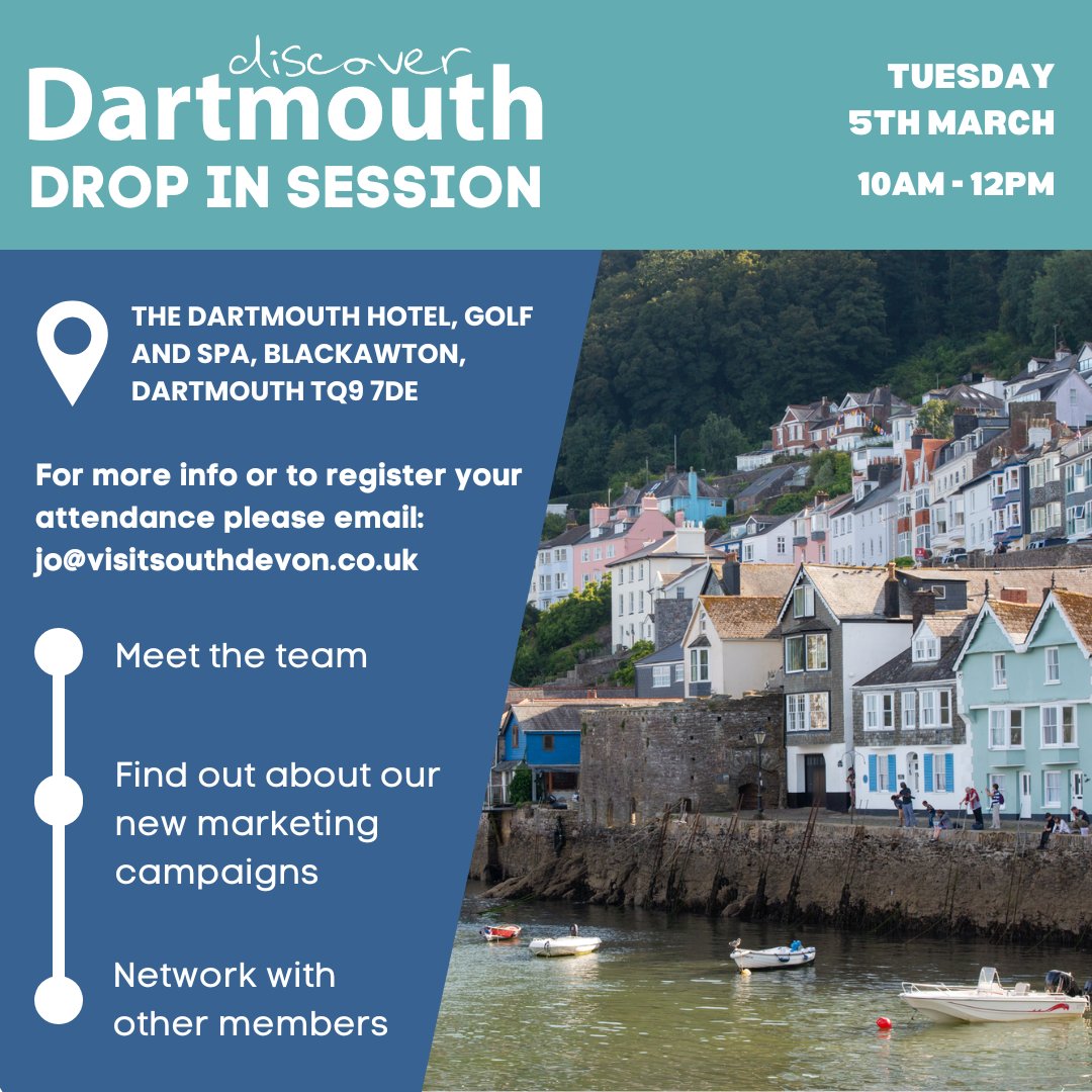 Meet the team next Tuesday 5 March at The Dartmouth Hotel, Golf & Spa for expert advice and support for your Dartmouth area hospitality or tourism business (10am to 12noon). FREE to all - enjoy a coffee on us!
#supportlocal #Hospitality #tourism #destinationmarketing #networking