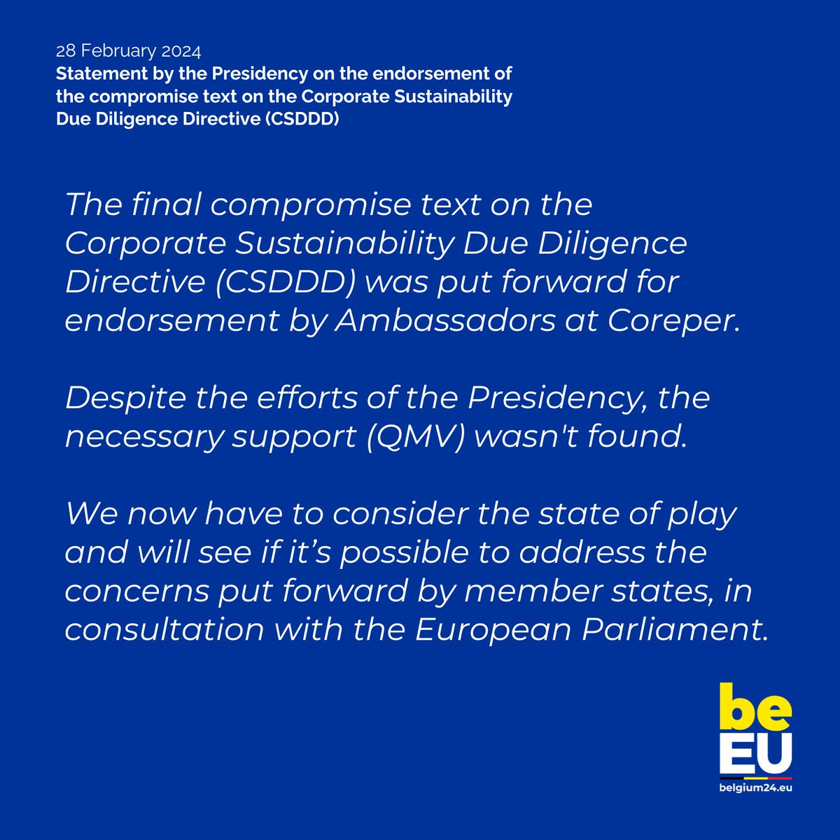 ℹ️ Statement by the Presidency on the planned endorsement of the final compromise text on the Corporate Sustainability Due Diligence Directive (#CSDDD) ⤵️