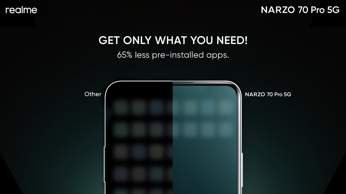 realmenarzoIN's tweet image. Less clutter, more power! 

Unveiling the #NARZO70Pro5G with 65% fewer pre-installed apps, letting you experience #NextGen performance without the unnecessary baggage🚀

#NARZORefinedSoftware

Discover More: amzn.to/3OPGZ2D