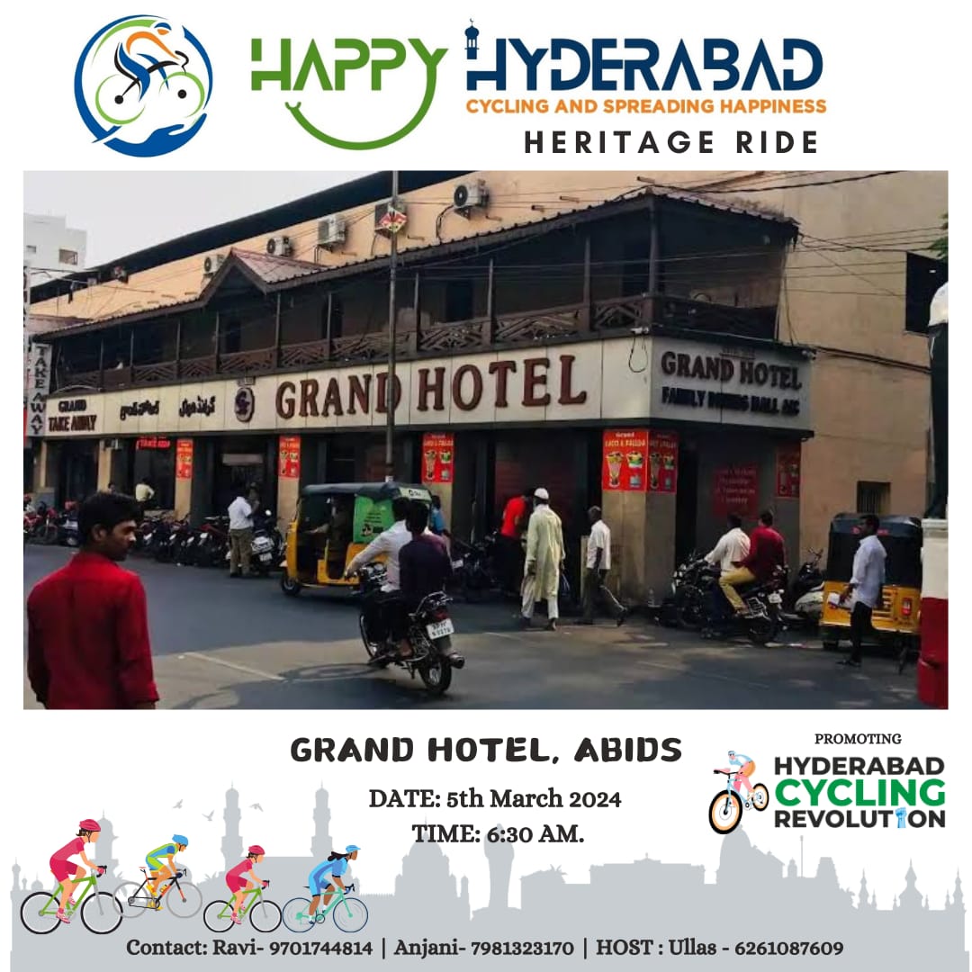 #HyderabadHeritageCity 
#happyhyderabad
#hyderabadCyclingRevolution 

50th Heritage Ride to Grand Hotel , Abids 

8 th March

#Heritage #HyderabadHeritage 
@HydcyclingRev @UllasChandrakar @historianhaseeb @sselvan @NTReddy6113 @MyHydHeritage @tsdamindia