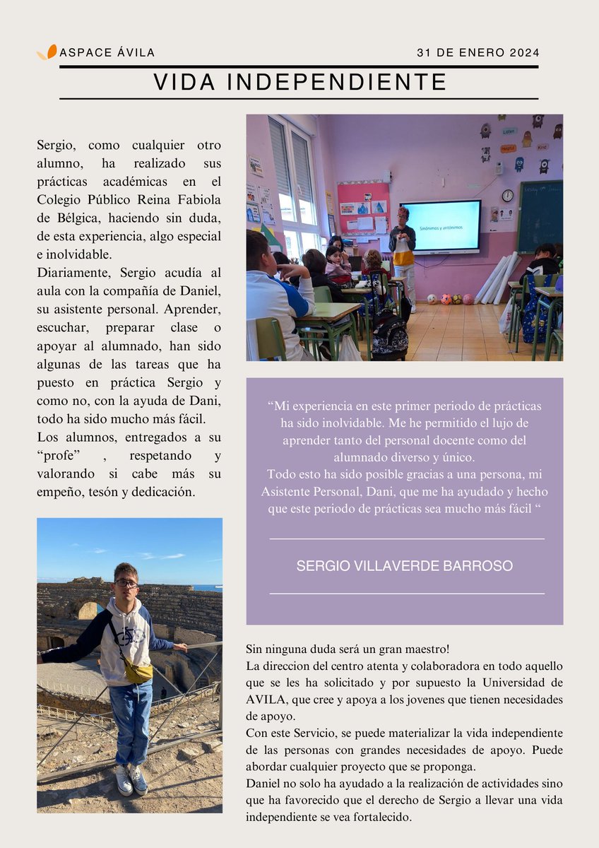 Os queremos mostrar, a través de estos  testimonios a modo de artículo,  un  ejemplo  de Servicio de Asistencia Personal (SAP)  que se presta desde ASPACE-Avila.
EN ESTA OCASIÓN  EL PROTAGONISTA ES  SERGIO VILLAVERDE Y SU ASISTENTE PERSONAL DANI.