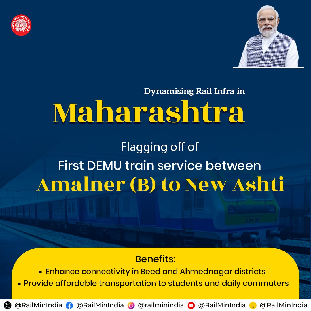 Hon’ble PM Shri Narendra Modi Ji flags off the first DEMU train service from Amalner (B) to New Ashti in Maharashtra to enhance connectivity and provide affordable transportation to students and daily commuters in Beed and Ahmednagar districts. #RailInfra4Maharashtra