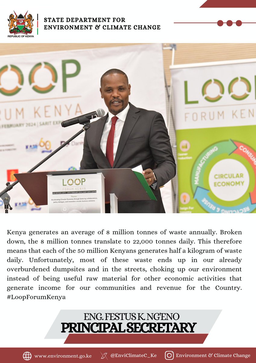 Kenya generates an average of 8 million tonnes of waste annually. Broken down, the 8 million tonnes translate to 22,000 tonnes daily. This therefore means that each of the 50 million Kenyans generates half a kilogram of waste daily ~PS Eng Ng'eno #LoopForumKenya #CircularEconomy