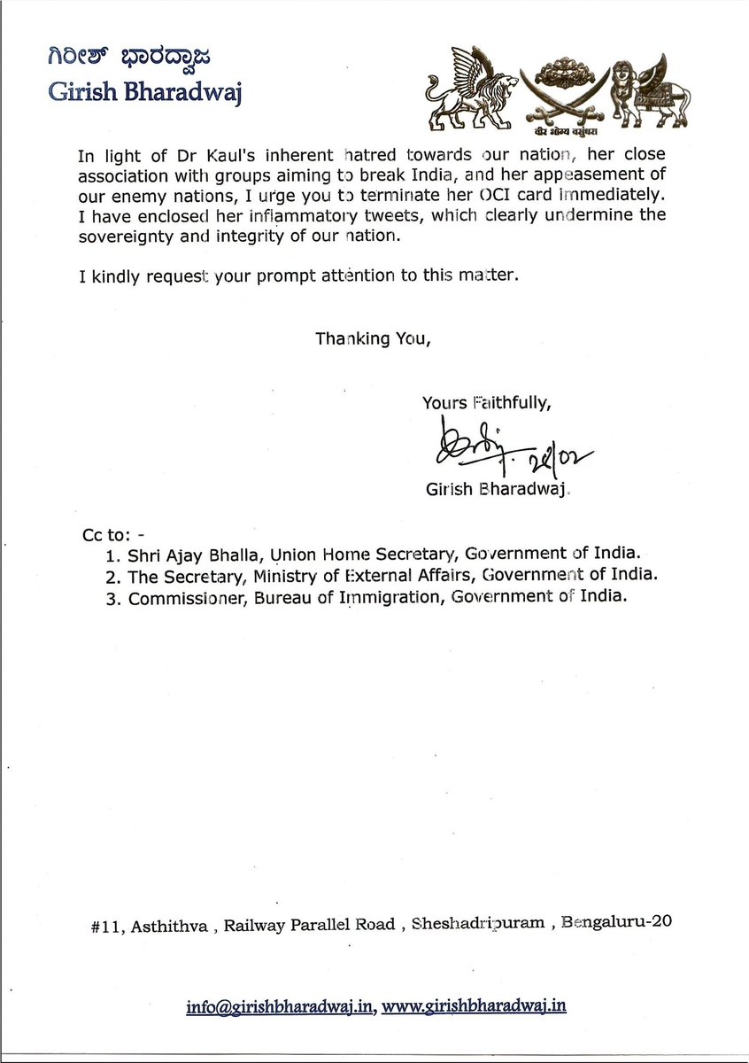 Girishvhp's tweet image. I have written a letter to Shri Amitshah Ji to terminate OCI card of Antinational @NitashaKaul who has consistently shown her support for separatists. 

She frequently visits India with a malicious agenda that goes against the interests of our country. 

Union Government should…