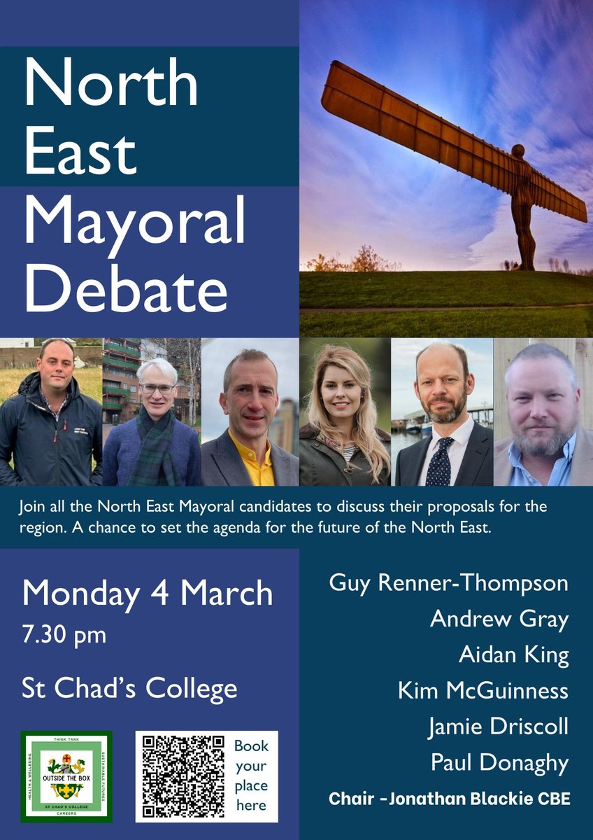 A historic debate for Durham, the North East Mayoral Debate at St Chad's College, signup to join in here t.ly/C6gtW. @MayorJD @KiMcGuinness Guy Renner-Thompson, Andrew Gray, Paul Donaghy, and Dr Aidan King.