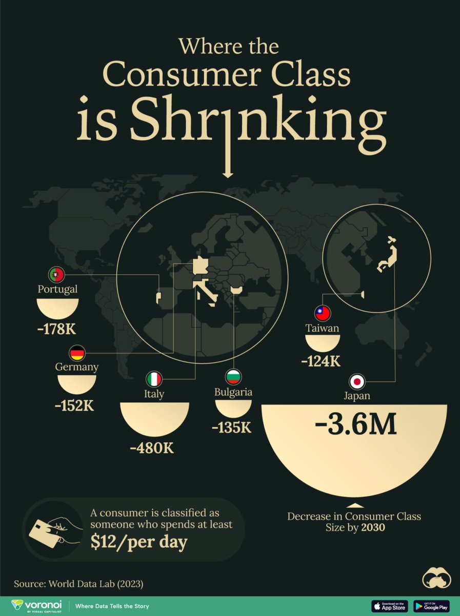 I Paesi in cui si prevede una contrazione della classe dei consumatori entro il 2030. Il #WorldDataLab classifica come consumatore chi spende almeno 12 dollari al giorno. #VisualCapitalist