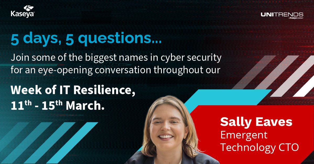 sallyeaves's tweet image. 5️⃣ Days 5️⃣ Questions ... and a deep dive into the world of IT , and especially Cyber, Resilience 🔐
💪#WeekOfITResilience💪
👀Join me, @robmay70 @gcluley Kelly Kroening #Spanning and Adam Marget #Unitrends as we navigate the tumultuous landscape of #CyberSecurity &…
