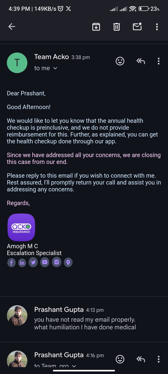 prashant817's tweet photo. @ACKOSupport @ACKOSupport 

#ackofraud 

What a final stand arbitrarily making decision this is final 

Acko has a Deaf ear
#acko #fraud #ackodeafear #ackoscam https://t.co/A1xOEzM64C