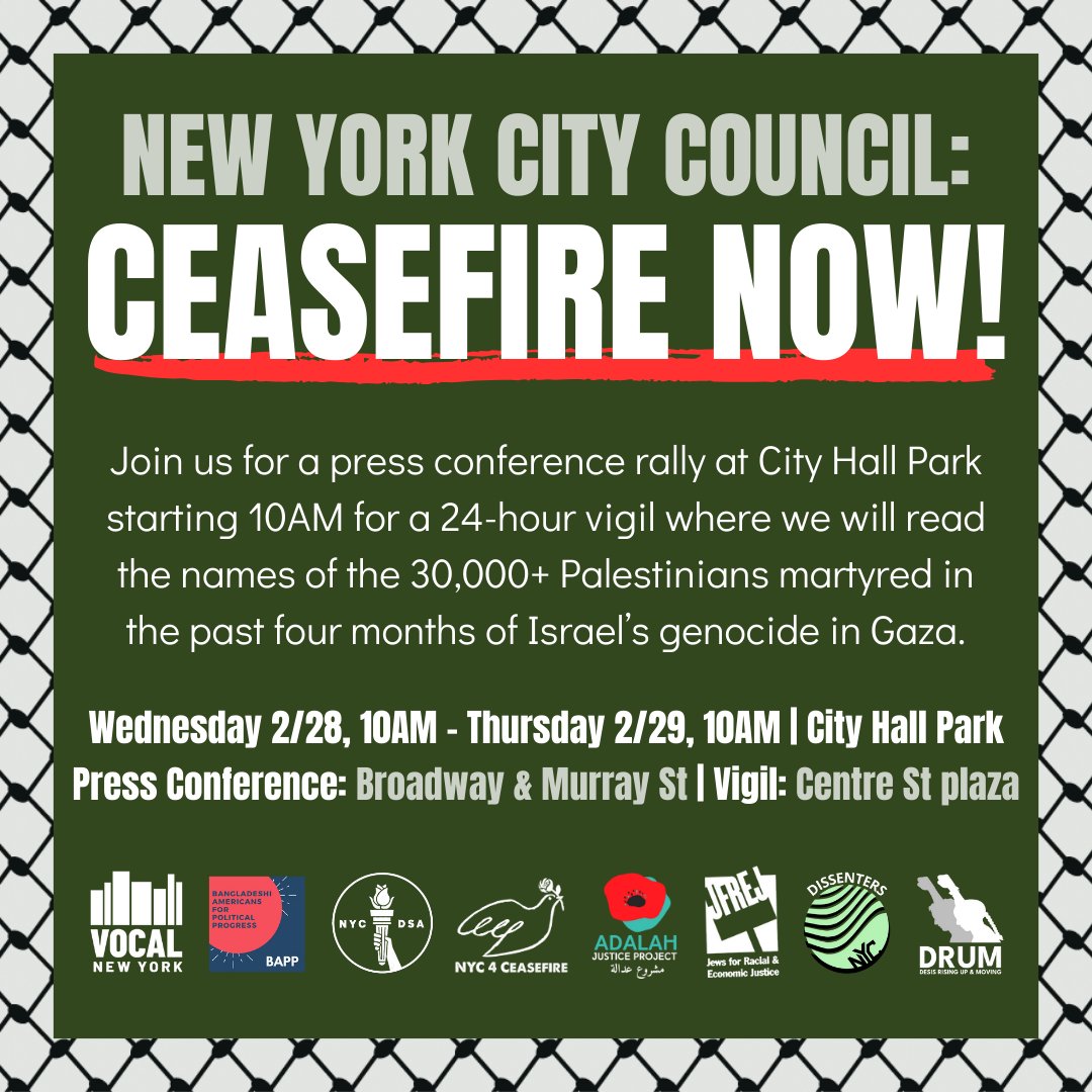 Today at 10 am - @nyc4ceasefire at City Hall from 10AM to stand with 90+ orgs coming together for a 24hr vigil to demand our City Council call for a permanent ceasefire in Gaza!

#ceasefirenow 🇵🇸