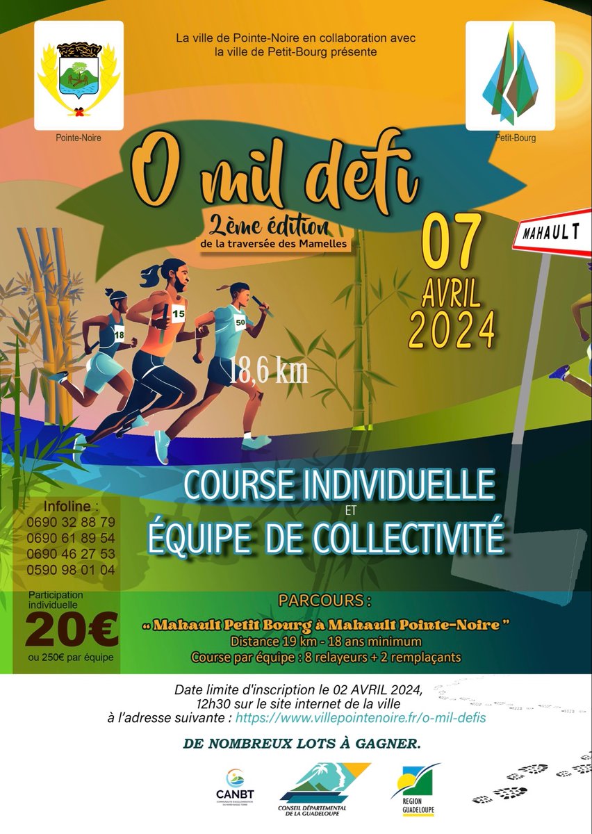 📌 La Ville de Pointe-Noire vous donne rendez-vous à la deuxième édition de la manifestation O Mil Défi !

📆 Le dimanche 7 avril 2024
⏰ 7h
📍De Mahault Petit-Bourg à Mahault Pointe-Noire
👉🏾 Inscriptions en ligne villepointenoire.fr/o-mil-defis