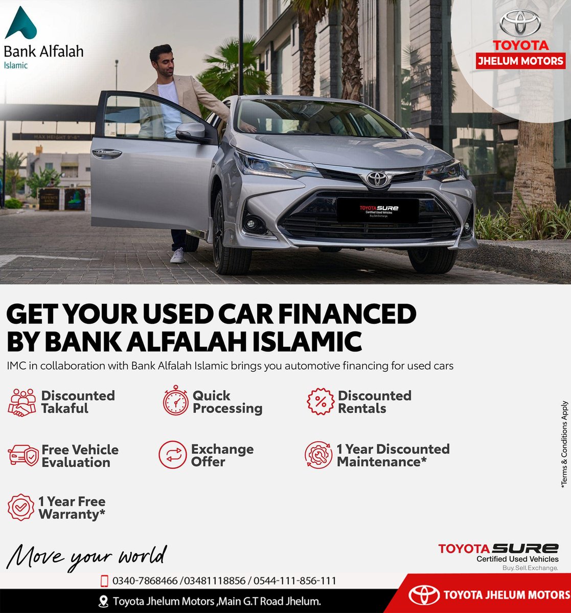 Accelerate into savings with our Limited-Time Offer!
Finance your Toyota Sure Certified Used Vehicle today & Enjoy Exclusive Rentals via Bank Alfalah Islamic!
Be Sure with Toyota Sure!
#ToyotaJhelumMotors #TOYOTASURE #Tsure   #tsurecertifiedusedcarbazaar #FreeInsurance