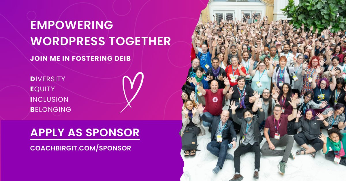 49 🎉

One of my biggest Birthday wishes for this year: Getting sponsored for my contribution time working on the WordPress DEIB initiative. 

Apply as a sponsor today: coachbirgit.com/sponsor

#DEIB #DiversityInTech #InclusionInTech #WPDiversity