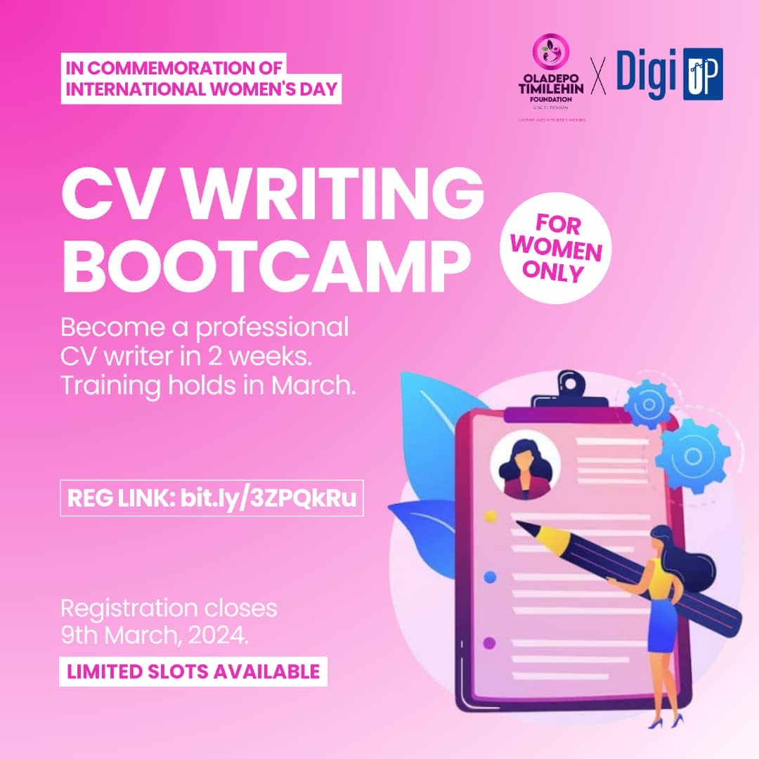 OTFoundationHQ's tweet photo. Are you looking to boost your career or start your own business? 

Here's your chance! 

Join us for our second edition of the free CV writing Workshop, designed specifically for women like you. 

Hurry, though – slots are filling up fast!

https://t.co/g2pGcoSMq3 https://t.co/FlVw19b0fp