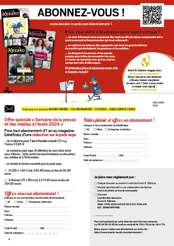 KezakoMundi's tweet photo. Jusqu'au 31/03/2024, à l'occasion de la Semaine de la presse et des médias dans l'école, bénéficiez d'1 réduction sur les packs expo pour tout abonnement d'1 an à Kezako (France métropolitaine). 
Pour ce faire, retournez-nous le bulletin d'abonnement ci-dessous complété et signé https://t.co/Zi6Zps7ZSP