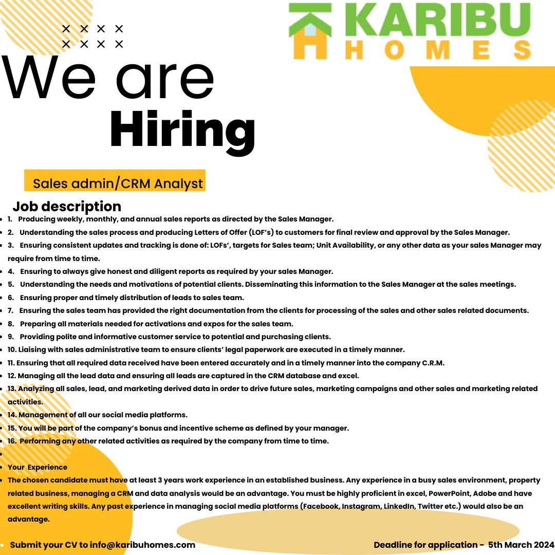 We are hiring 📢📢
We are seeking to #recruit a sales admin/CRM analyst to support the sales and marketing operations of the organization. Details on the poster.

Deadline 5th March 2024.