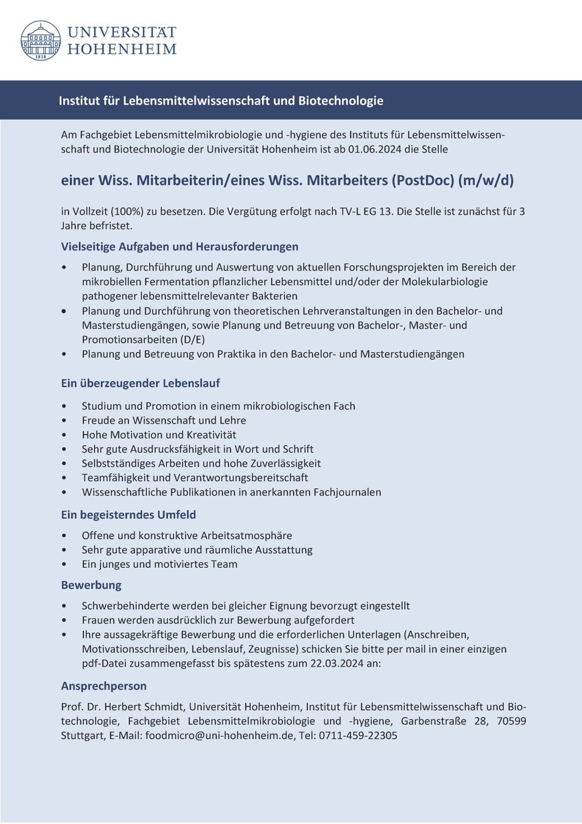 🔔Open Postdoc Position🔔 @UniHohenheim, Dept. Food Microbiology and Hygiene t1p.de/b4e8h Apply until 22.3. ➡️t1p.de/fjmcg