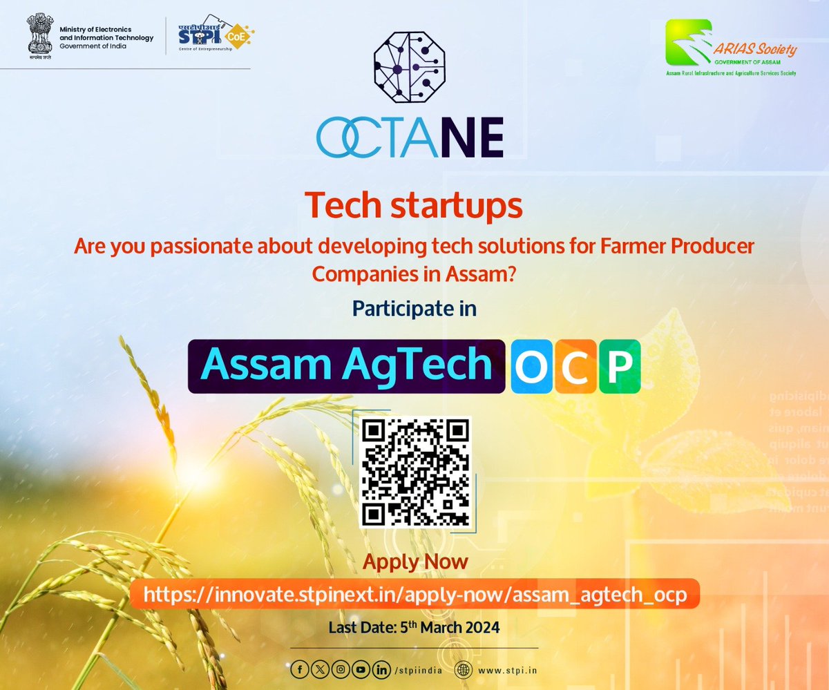 STPIGangtok's tweet photo. Attention #startups! 📢
To develop technological solutions that address the challenges of farmers and Farmer Producer Companies @STPI_OctaNE CoE has launched #AssamAgtechOCP for startups.
Participate: https://t.co/eKXfY7jTpg
Last Date to apply 05.03.2024
@arvindtw https://t.co/MX5Wa9780P