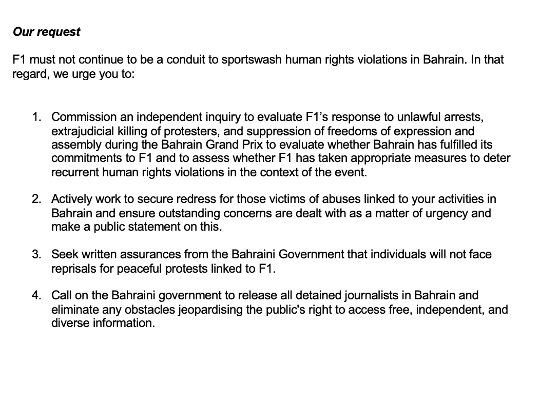 AndreaFlorence4's tweet photo. This week marks 20th Ann' #BahrainGP #F1, but there's nothing to celebrate. @F1 says they are committed to #HumanRights while #Bahrain has continued to violate citizens’ rights, repress dissent, silence journalists, incl w/ torture and police brutality. Our requests to @fia🧵 https://t.co/eruujbz6eL