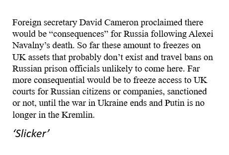 Slicker writes on oligarchs winning in the UK courts and other Russian legal business as usual, in the new Private Eye, out now.