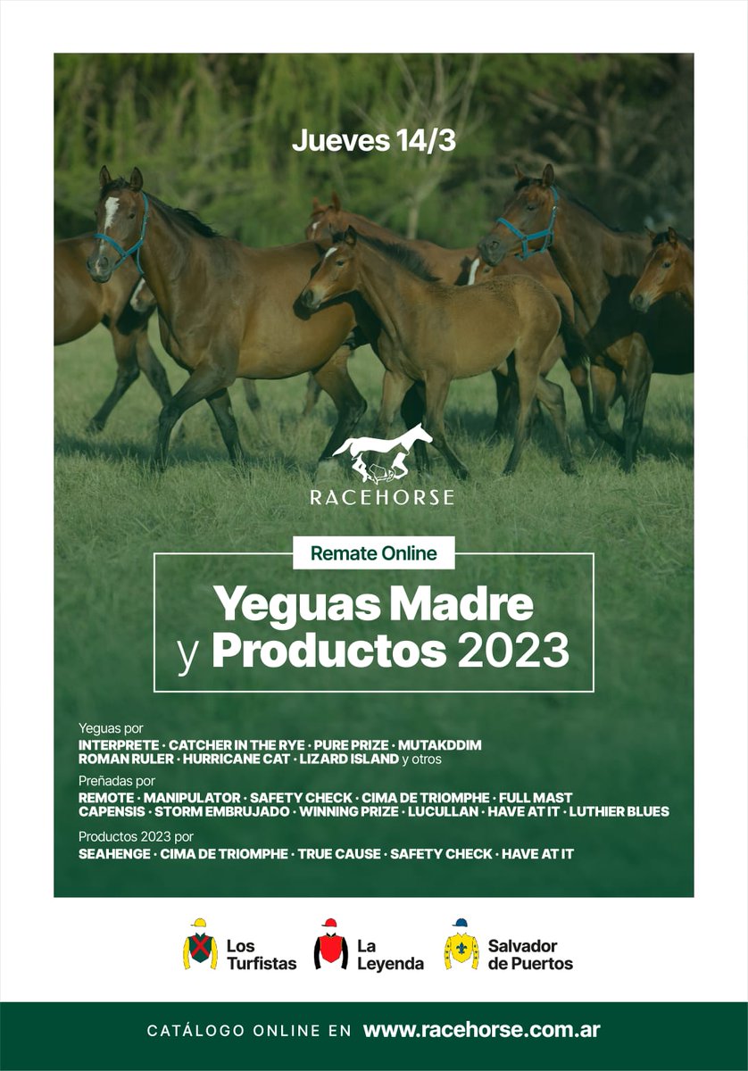 RacehorseArg's tweet photo. 🗓️El jueves 14 de marzo, nuestro primer remate del Año.
⭕️Los Turfistas, La Leyenda y Salvador de Puertos ofrecen yeguas madre y productos 2023
¡No te lo podés perder!
Toda la información en
https://t.co/Vq35rpzwGq https://t.co/Gaf25TrTRa