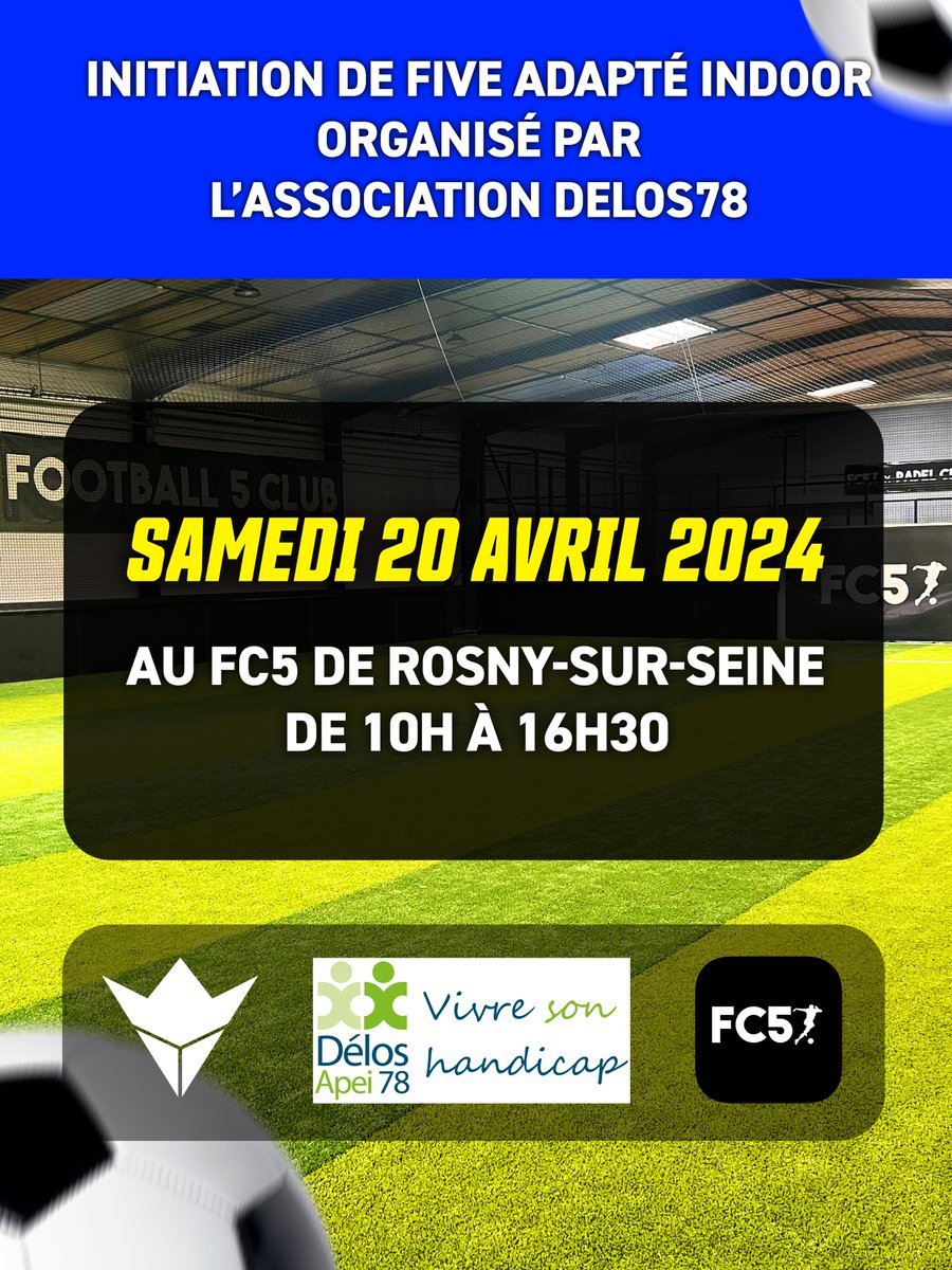 Nous sommes fiers et heureux de vous inviter à une initiation de Foot à 5 le samedi 20 avril 2024 au terrain Z5 de Rosny sur Seine.

L’idée est de sensibiliser les personnes en situation de handicap mental/psychique sur la pratique du sport.
Nous vous attendons nombreux.