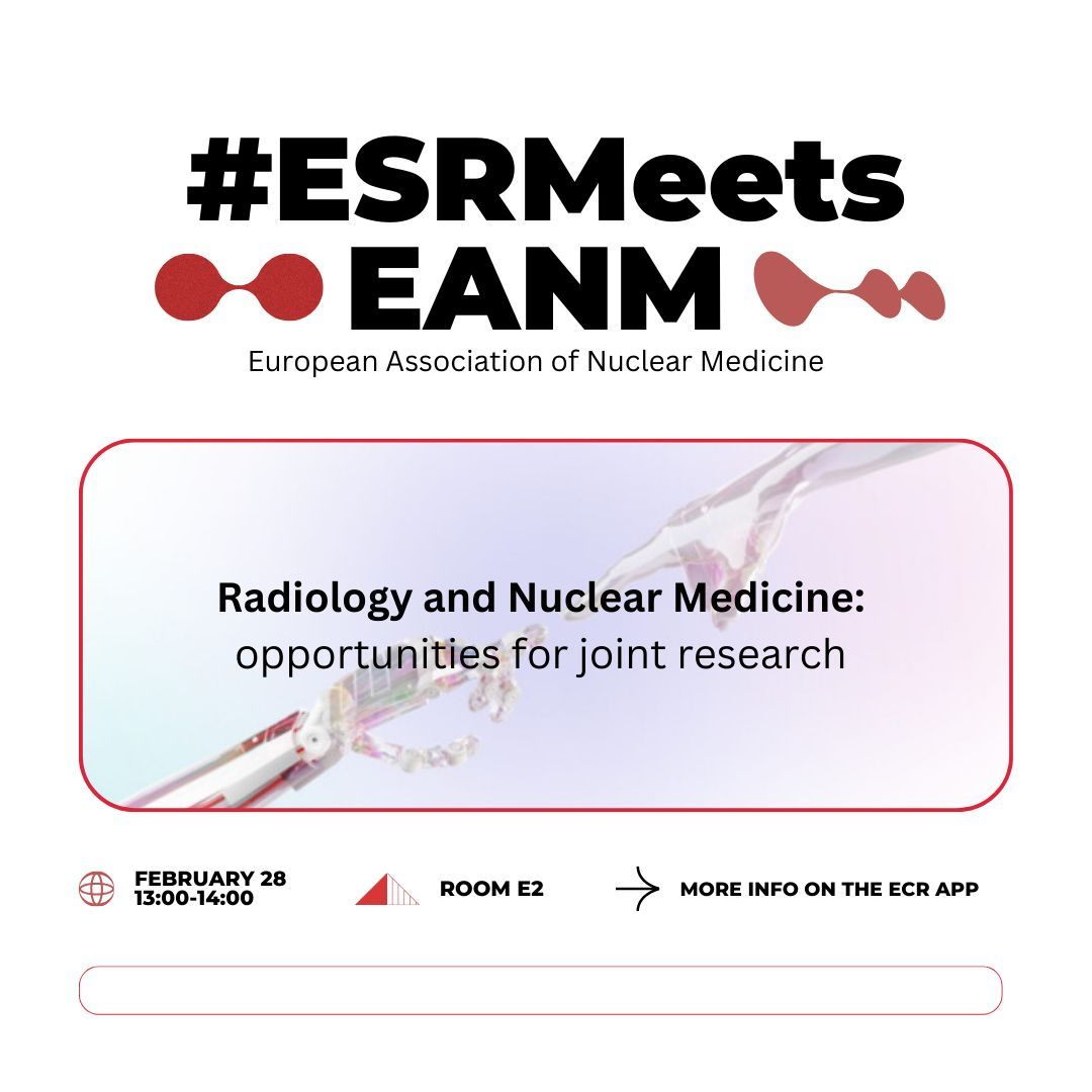 myESR's tweet photo. 🌟 Exciting news! 🎉 Join us for the first #ESRMeets session featuring the European Association of Nuclear Medicine! 🔍 Don't miss out on this insightful discussion! 🗓️TODAY, ⏰ Time: 13:00-14:00, 📍Room E2 💡Learn more here: https://t.co/cDOU4nq4VJ  📚 https://t.co/IvaBE8mtCG