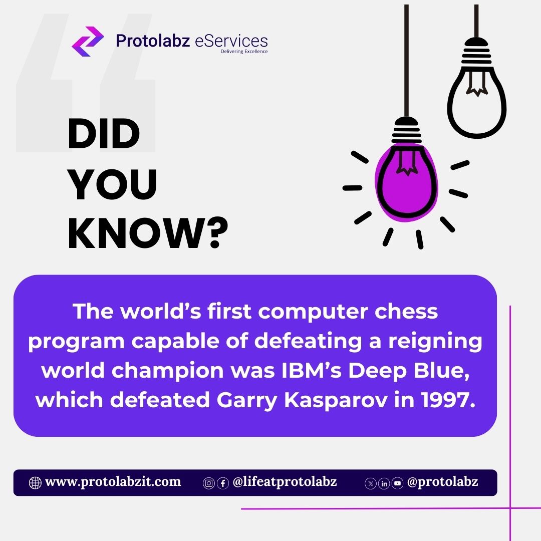 Did You Know?
#DidYouKnow #TeamProtolabz #interestingfactsforyou #factsonly #factsdaily #worldfirstcomputerchessprogram #IBM #DeepBlue #mobileappdevelopment #DeliveringExcellence