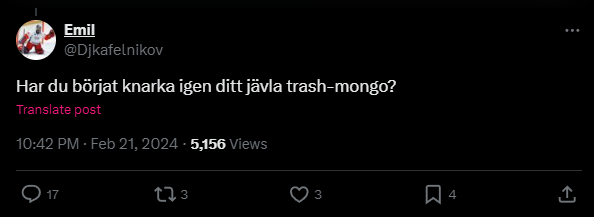 Fint att han har 800 tweets från igår om hur man ska bete sig, vilka dåliga människor Leksingar är, vilken låg nivå det är på folk etc etc