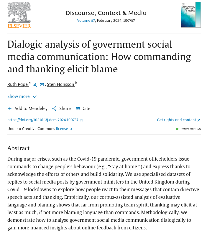 New article out now w/ @ruthtweetpage in @dcmjournal on how commanding and thanking in government social media communication elicit blame sciencedirect.com/science/articl… #corpuslinguistics #covid19 #blamegame #blameavoidance #polcomm
