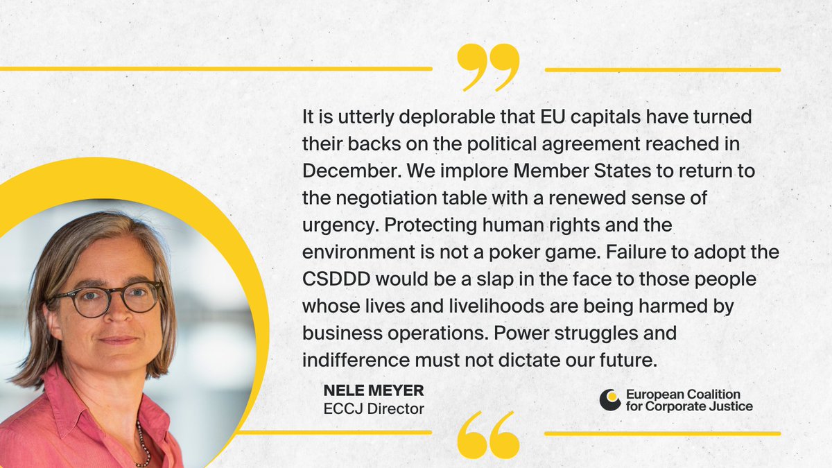 🗞️#CSDDD NEWS

Today, despite overwhelming support, EU capitals have set a deplorable setback by saying NO to the CSDDD.

It’s a harrowing green-light signal to reckless businesses that they can keep fueling crises for corporate profits x.com/EU2024BE/statu…