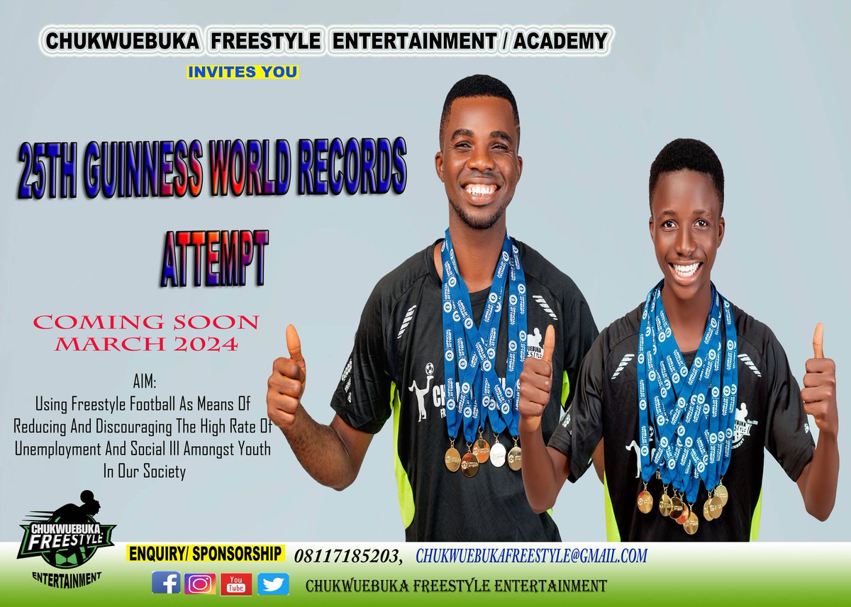 25TH GUINNESS WORLD RECORDS ATTEMPT We wish to inform you of our forthcoming Guinness World Records Attempts in March 2024 where our founder and multiple times world record holders @ChukwuebukaEZ and @VictorKipo will be aiming for their 10th #ChukwuebukaFreestyleEntertainment