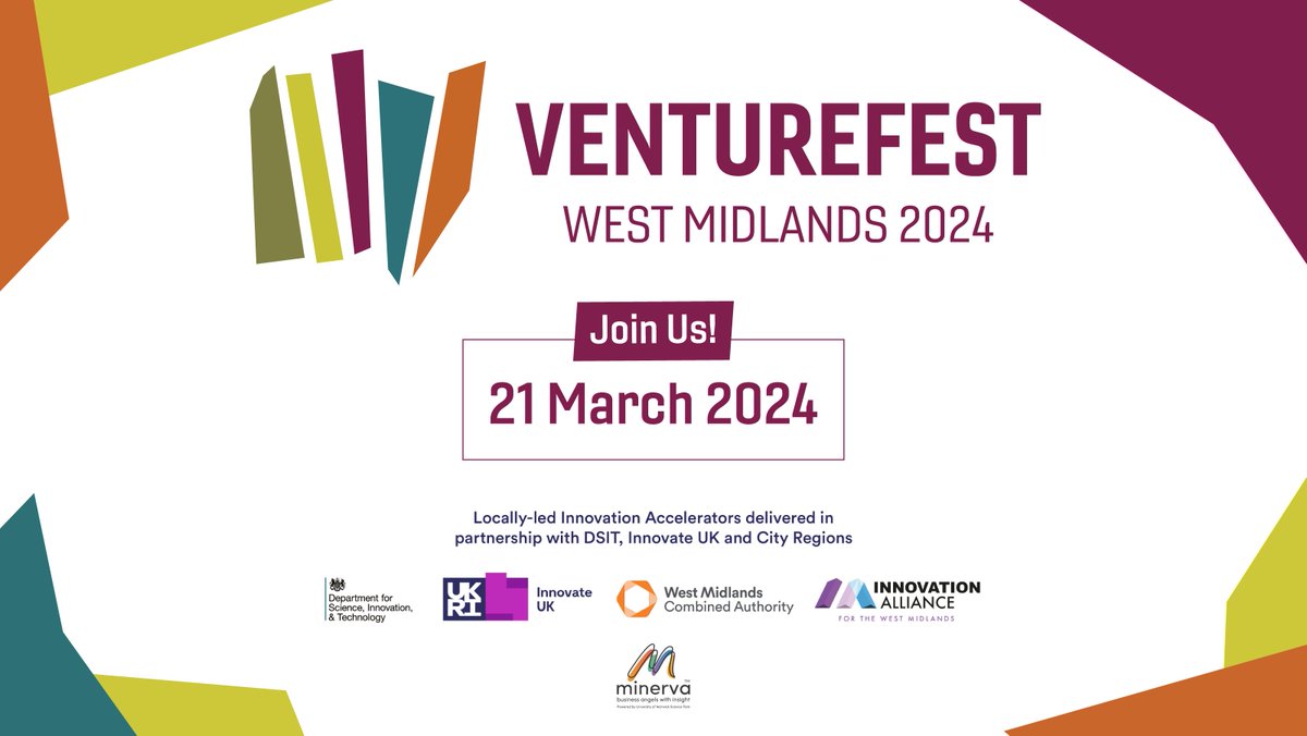 Join us at #VenturefestWM, a free, one-day event aimed at supporting business growth through innovation🙌   

Topics include: 
👾Opportunities in AI 
🌱Sustainability product development... &amp; more!

Register: venturefestwm.co.uk/register 

#WMIA #WestMidlandsInnovation #MinervaPitchUp