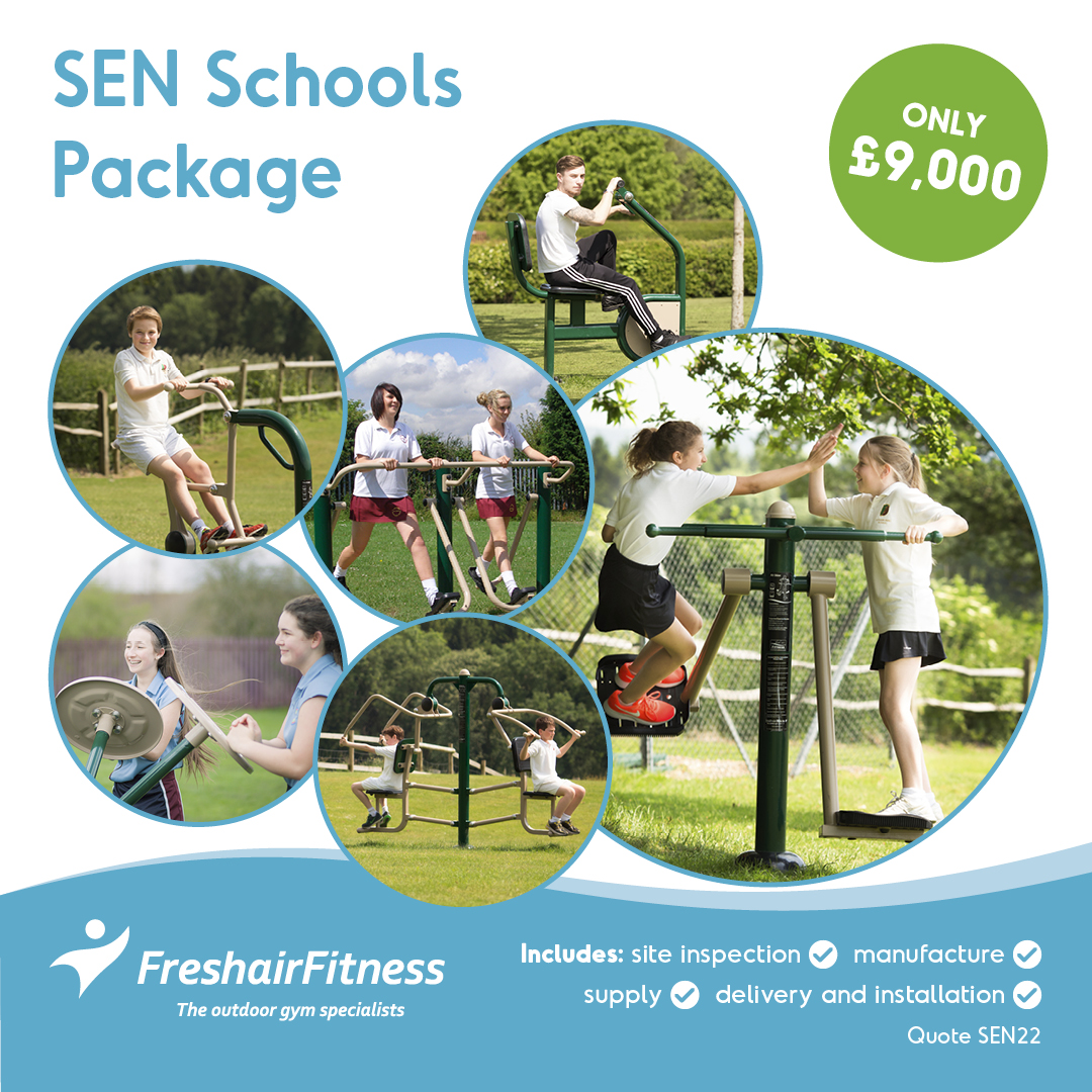 SEN SCHOOLS SPECIAL OFFER This package includes: - Children’s Air Skier - Children’s Tai chi Spinners - Children’s Seated Leg Press - Children’s Arm and Pedal bike - Children’s Double Air Walker - Children’s Rider Total cost: £9,000 delivered and installed #outdoorgym