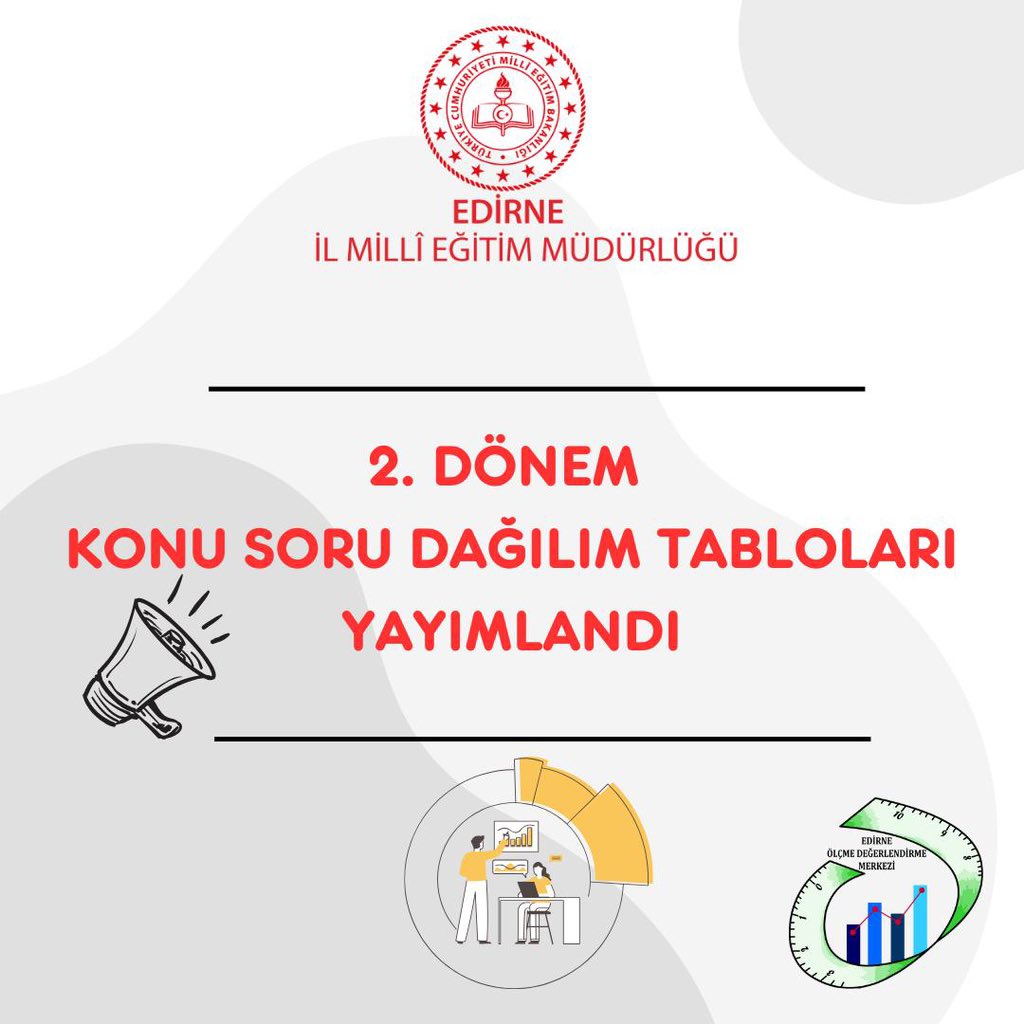 İlimiz II. dönem konu soru dağılım tabloları yayımlanmıştır.

İl zümresi oluşan tüm dersler için hazırlanan konu soru dağılım tablolarına İl Milli Eğitim Müdürlüğümüzün internet sayfasından ulaşabilirsiniz.👇

meb.ai/2x19RB