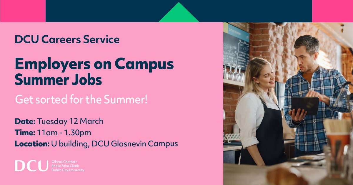 DCU Students! Looking for a job for the summer? The @DCU_Careers 'Employers on Campus: Summer Jobs' event will start at 11am on Tuesday, 12th March in the U Building, Glasnevin Campus. Meet with employers and talk about summer job opportunities. Register: launch.dcu.ie/employers