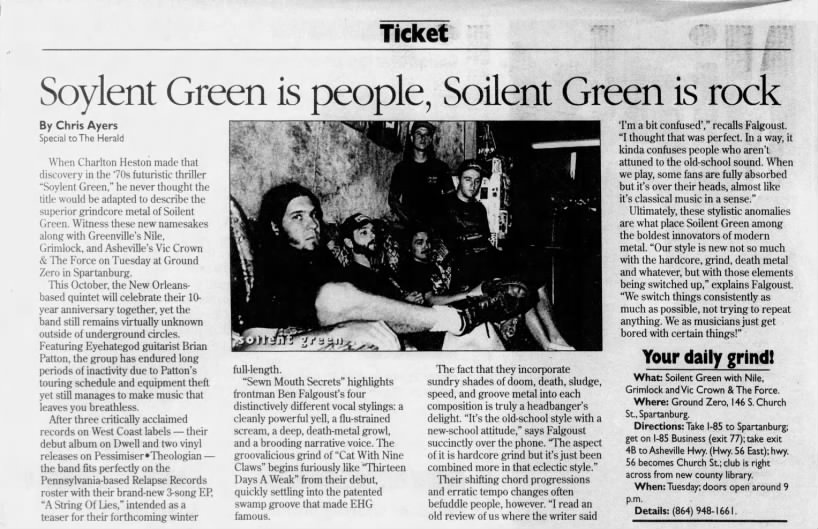 1998 article [Soylent Green is people, Soilent Green is Rock]

#soilentgreen #metal #sludgemetal #metalband #benfalgoust #scottwilliams #brianpatton #tommybuckley #donovanpunch @SoilentGreen