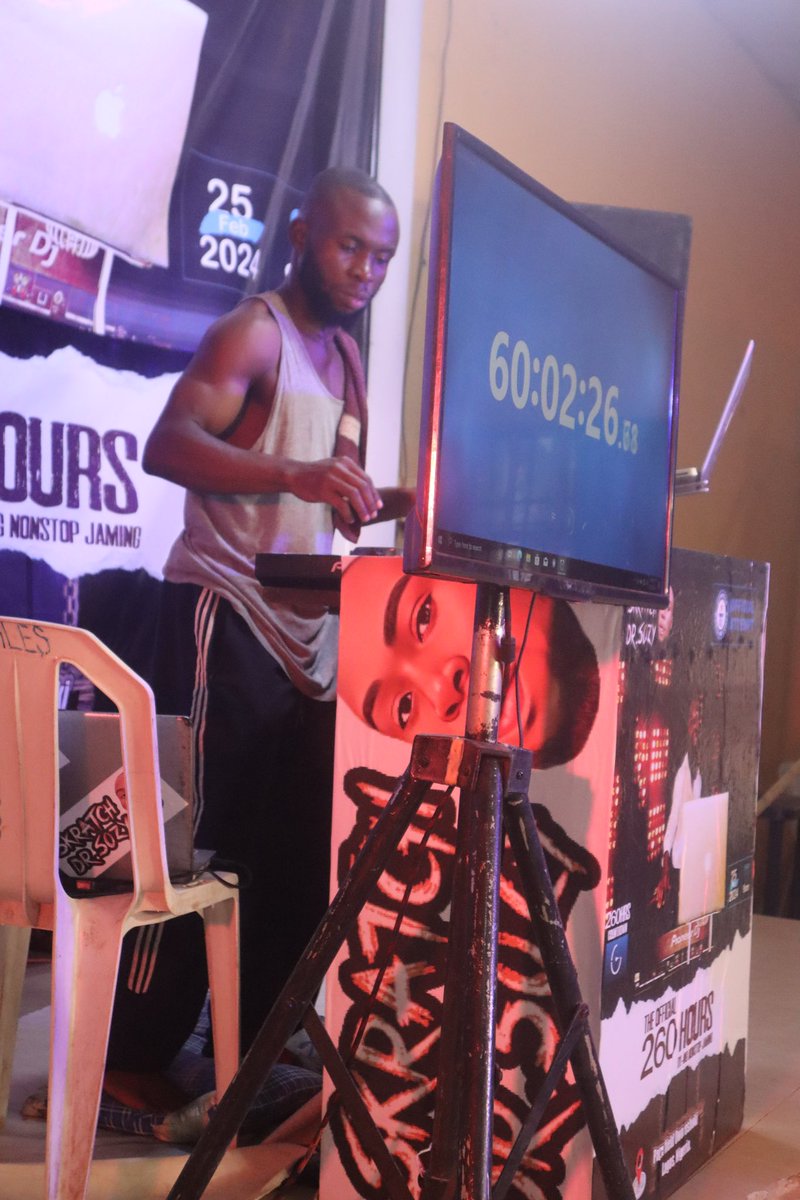 60 hours don 200 more to go 
<a href="/skratchdrsozy/">SkrAtcH Dr.SozY</a> set to break the Guinness book of record for the longest marathon club DJ-ing.
<a href="/GWR/">Guinness World Records</a> <a href="/OworoTv/">Oworonshoki</a> <a href="/HermesIyele/">HERMES IYELE 🪐</a> <a href="/instablog9ja/">Instablog9ja</a> <a href="/bod_republic/">B.O.D</a> <a href="/PulseNigeria247/">Pulse Nigeria</a>  <a href="/yabaleftonline/">YabaLeftOnline</a> 
#DrSozyWorldRecord
#SkratchDrSozy
#djmarthon
#guinessworldrecord