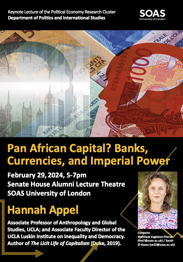 Tomorrow! The Political Economy Research Cluster <a href="/SOAS/">SOAS University of London</a> is delighted to host Prof. Hannah Appel (UCLA), who will deliver the series' annual keynote lecture, entitled ‘Pan African Capital? Banks, Currencies and Imperial Power’. 5-7pm, SALT. Please register: forms.gle/pKAWjud86f1yEZ…