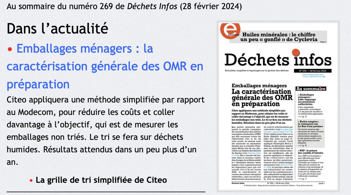 Au sommaire du N° 269 de Déchets Infos (28 février 2024): "caractérisation générale des OMR, huiles minérales, gouvernance des REP..." par Olivier Guichardaz <a href="/OGuichardaz/">Olivier Guichardaz</a> <a href="/Dechets_Infos/">Déchets Infos</a> adhérent AJE <a href="/ajeasso/">AJE</a> dechets-infos.com/dechets-infos-…