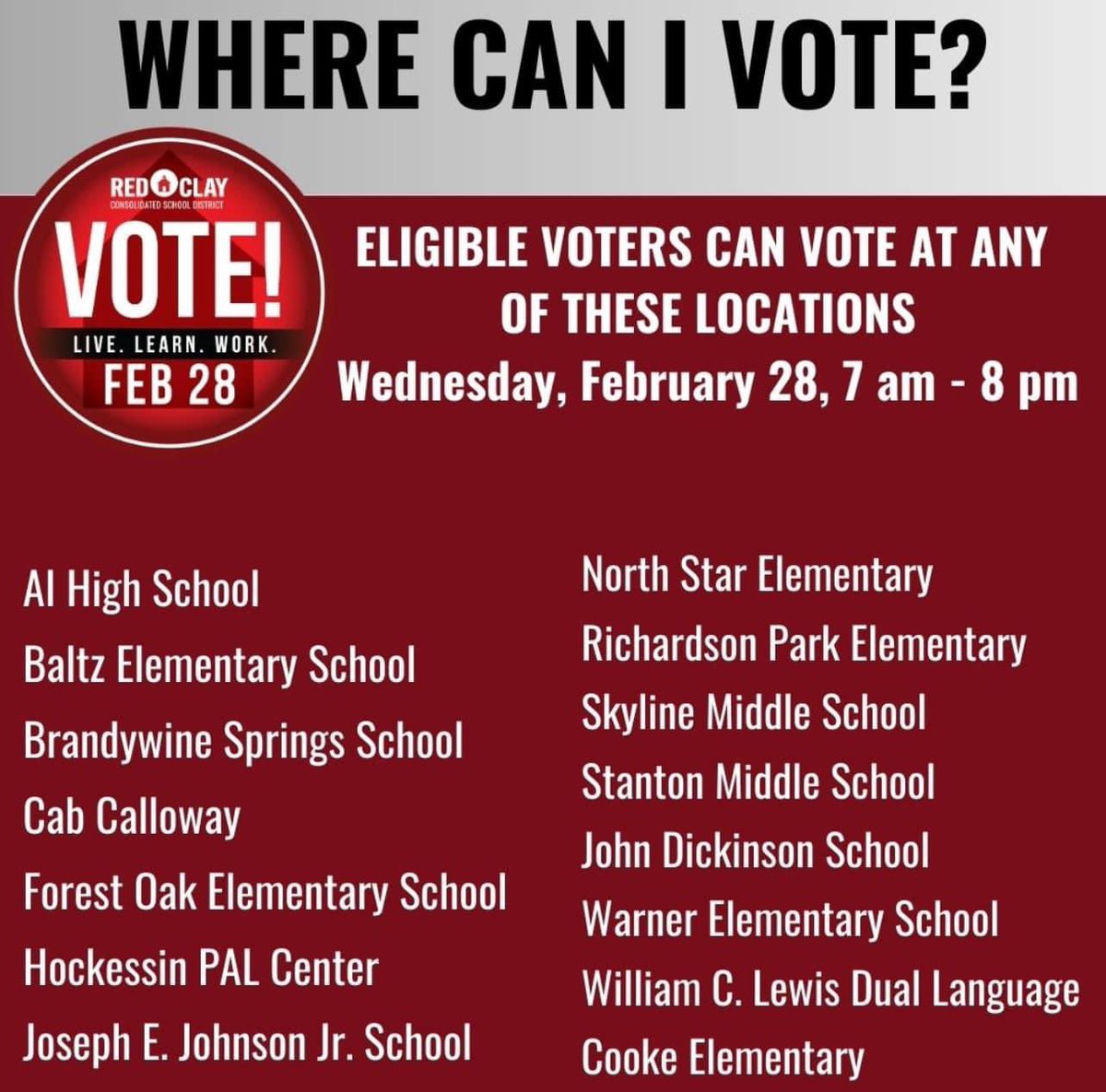 Vote FOR Conrad
Vote FOR Red Clay 
Vote FOR Students 
Vote FOR Education
Vote FOR Sports
Vote FOR Clubs &amp; Activities 
and much more…
In all, vote FOR all the opportunities Red Clay provides your students so that they can be successful, have fun, and enjoy time in our schools.