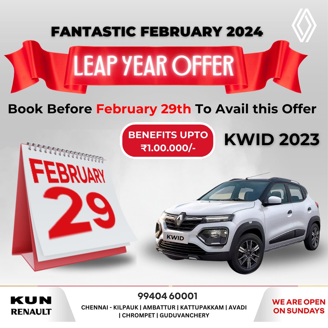 Don't miss out on our Fantastic February Leap Year Offer! 🎉
Leap into savings with maximum benefits up to ₹1,10,000/-
Book your dream Renault before Feb 29th to avail this incredible deal!

#KUNRenault #LeapYearOffer #FantasticFebruary