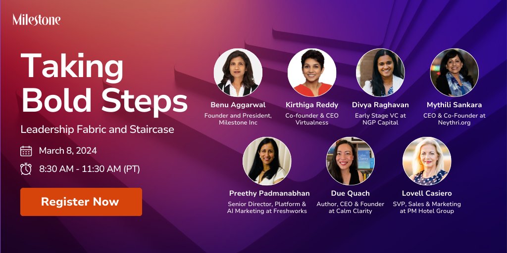 So happy to share "Taking Bold Steps – Leadership Fabric and Staircase.” on March 8th.  This event is a confluence of ideas and experiences from some of the most inspiring women leaders who have charted unique paths to success. Sign up today at milestoneinternet.com/resources/taki…