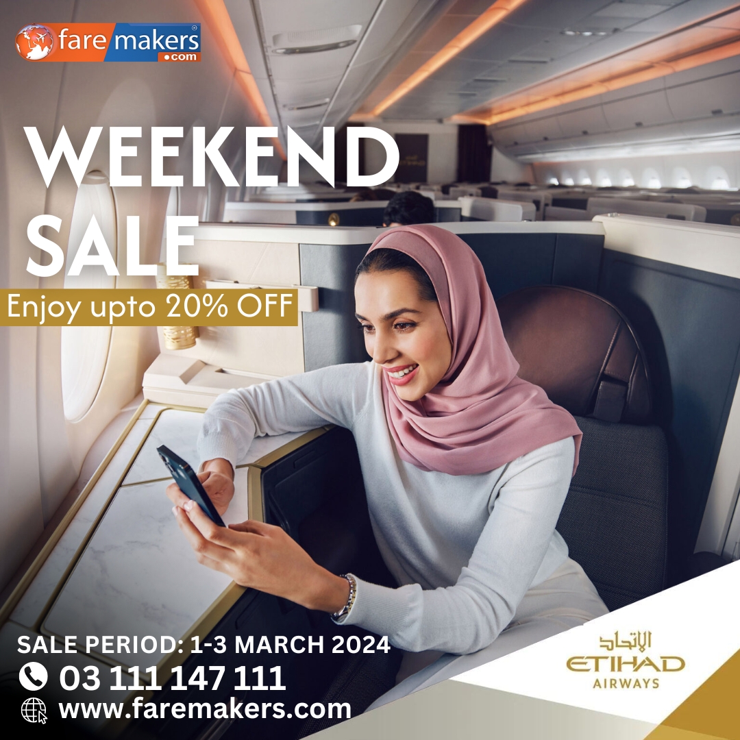 Faremakers's tweet photo. Etihad Airways Special Weekend Sale is here!

Book Now, With Faremakers
Call/WhatsApp: 03 111 147 111
Visit: https://t.co/DFG0nGaI0c

#Faremakers #travelagents #cheapflights #DiscountedFares #etihadairways https://t.co/MV9W2IMXHb