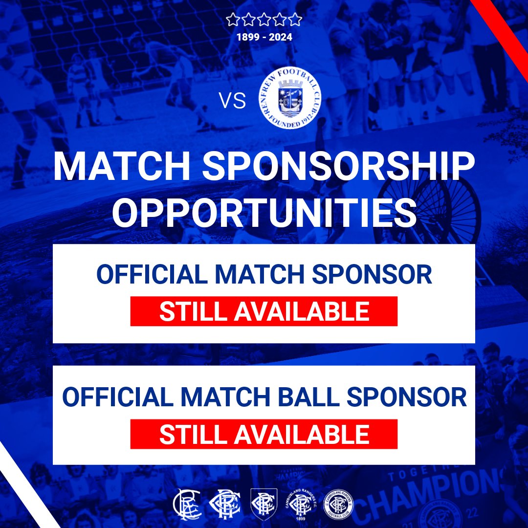 🔵 We have limited sponsorship opportunities still available for Saturday's @OfficialWoSFL match against Renfrew. 📧 Enquiries for either the Official Match Sponsor or Official Match Ball Sponsor can be made directly to cambygers1899@gmail.com