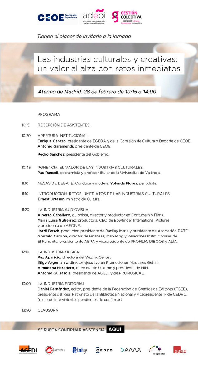 A las 10:30 intervengo argumentando la relevancia de las industrias culturales. 
Evento inaugurado por <a href="/sanchezcastejon/">Pedro Sánchez</a> y con la intervención de <a href="/ernesturtasun/">Ernest Urtasun</a> 
Por streaming youtube.com/watch?v=ODLggr…