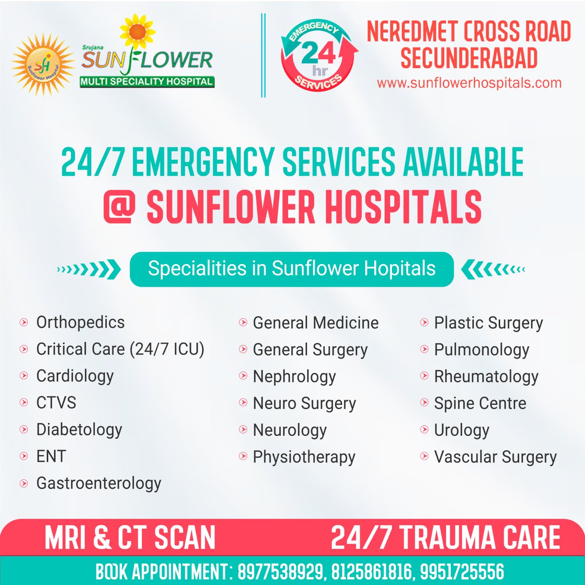 SFHospitals's tweet photo. 24/7 emergency services available at #SunflowerHospitals. Your #health is our priority—trust us for prompt and expert care. Don't hesitate to reach out in times of need. 🚑

For Appointment 
8977538929

For more visit
https://t.co/TGwxuZ9uNo https://t.co/QI6zlNh3wD