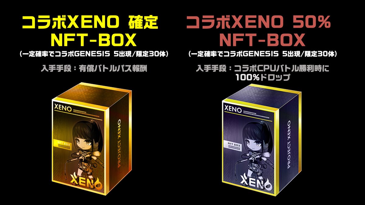 بدءاً من نهاية الصيانة اليوم،
تُقام تعاون"GARO: The One Who Inherits the Iron"!🔥
هناك صندوقان خاصان بنفسخ التعاون يمكن الحصول عليهما أثناء التعاون⚡️
①🎁 صندوق NFT-BOX ثابت للتعاون XENO
■ المحتوى: تأكيد التعاونXENO بنسبة 100٪ !! ومن الممكن أن يظهر التعاونGENESIS 5 بنسبة محددة