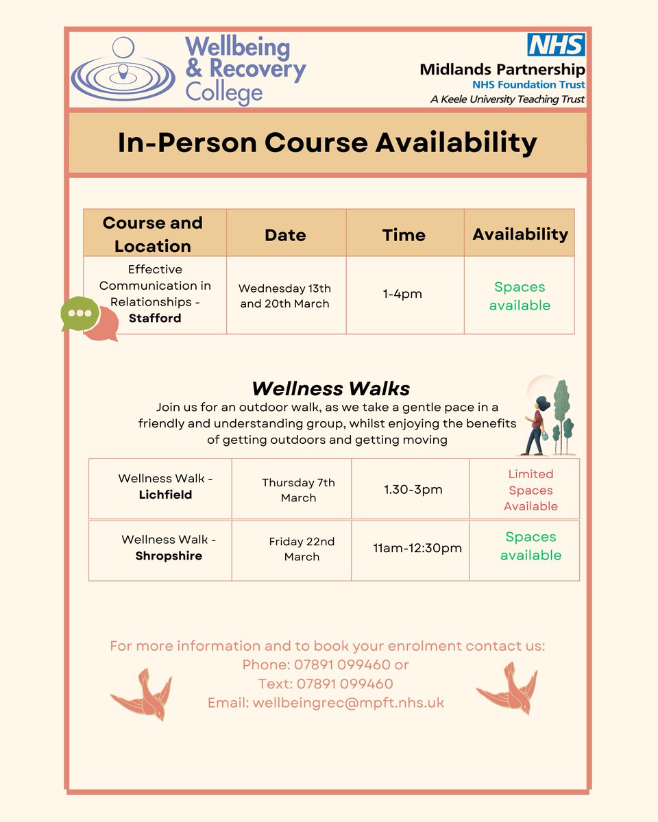 Book your space on one of our remaining Spring term courses by getting in touch with our friendly team #recoverycollege #wellbeingcourses